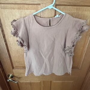 Hem & thread cotton gauze Women's Tan Ruffle Sleeve Top
